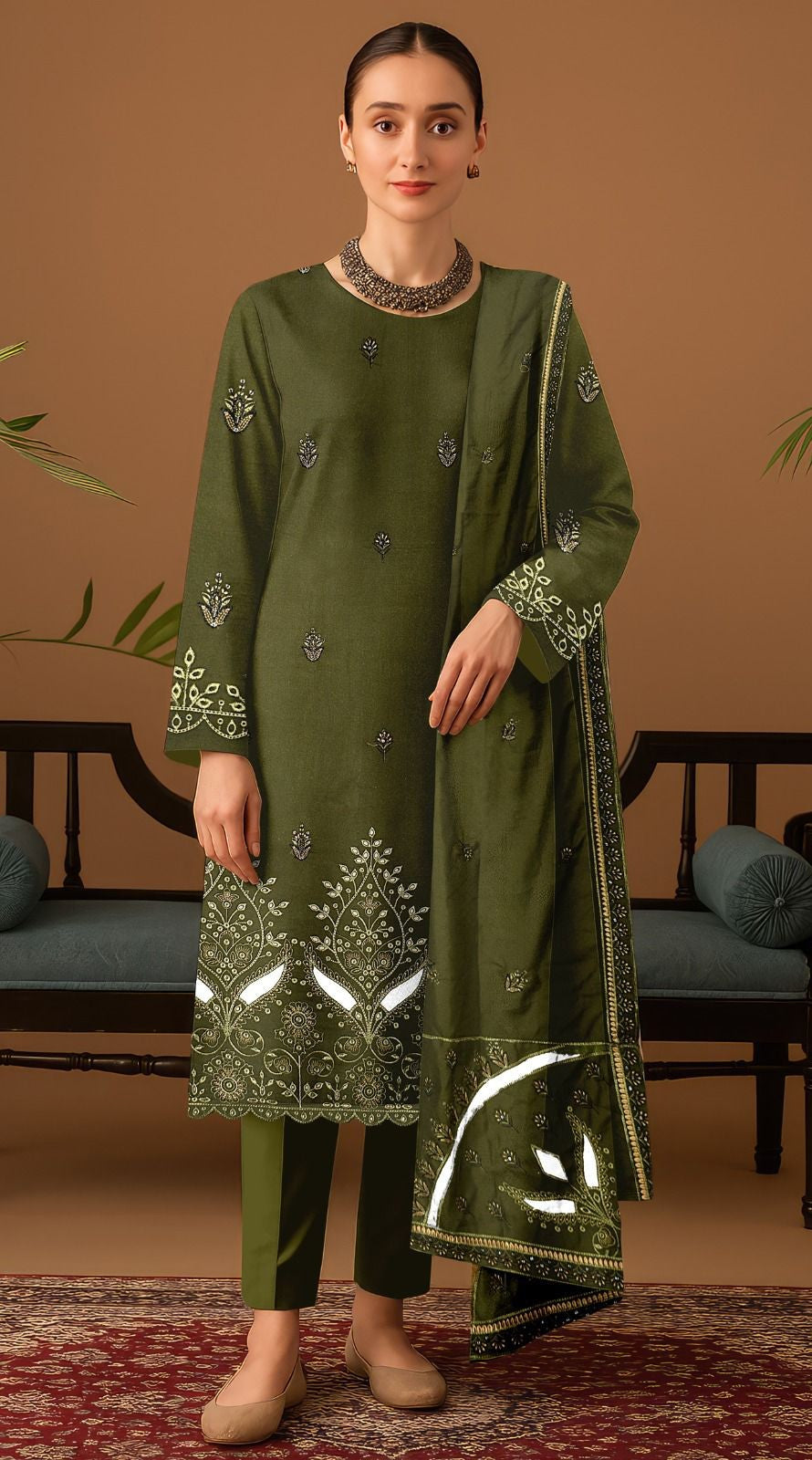 ZARQASH| DHANAK 3 PIECE UNSTICHED FULL HEAVY EMB SUIT WITH HEAVY EMB SHAWL FOR WINTER 2025-26